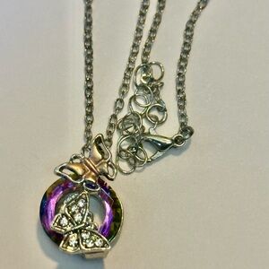 JTV Silver Butterfly Necklace with Iridescent Purple-Green Ring